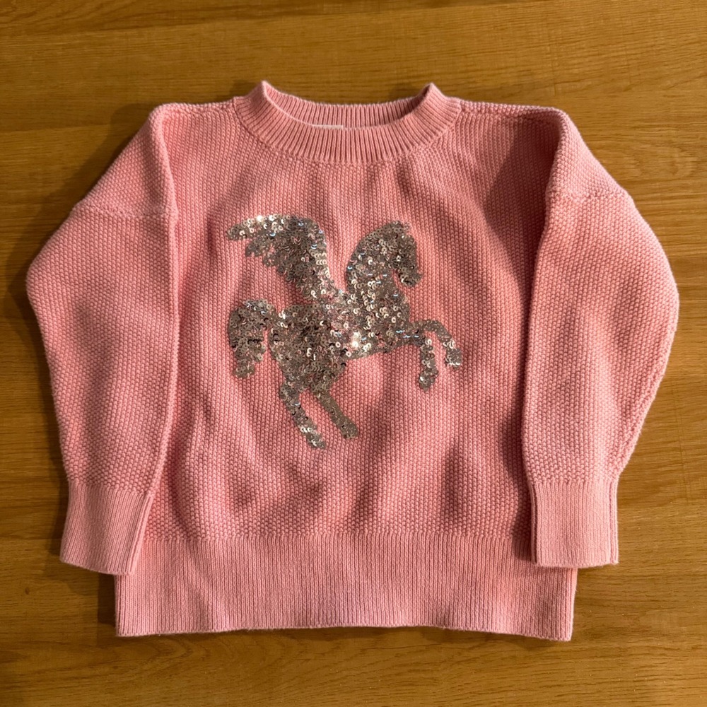 Gap Kids Pink Sequin Pegasus Cotton Knit Sweater XS 4-5 Years Silver Horse